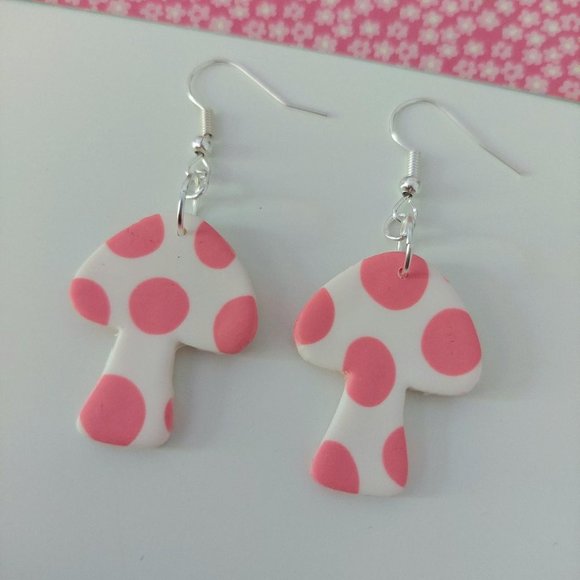 Spotty Pink Mushroom Earrings - Picture 2 of 2